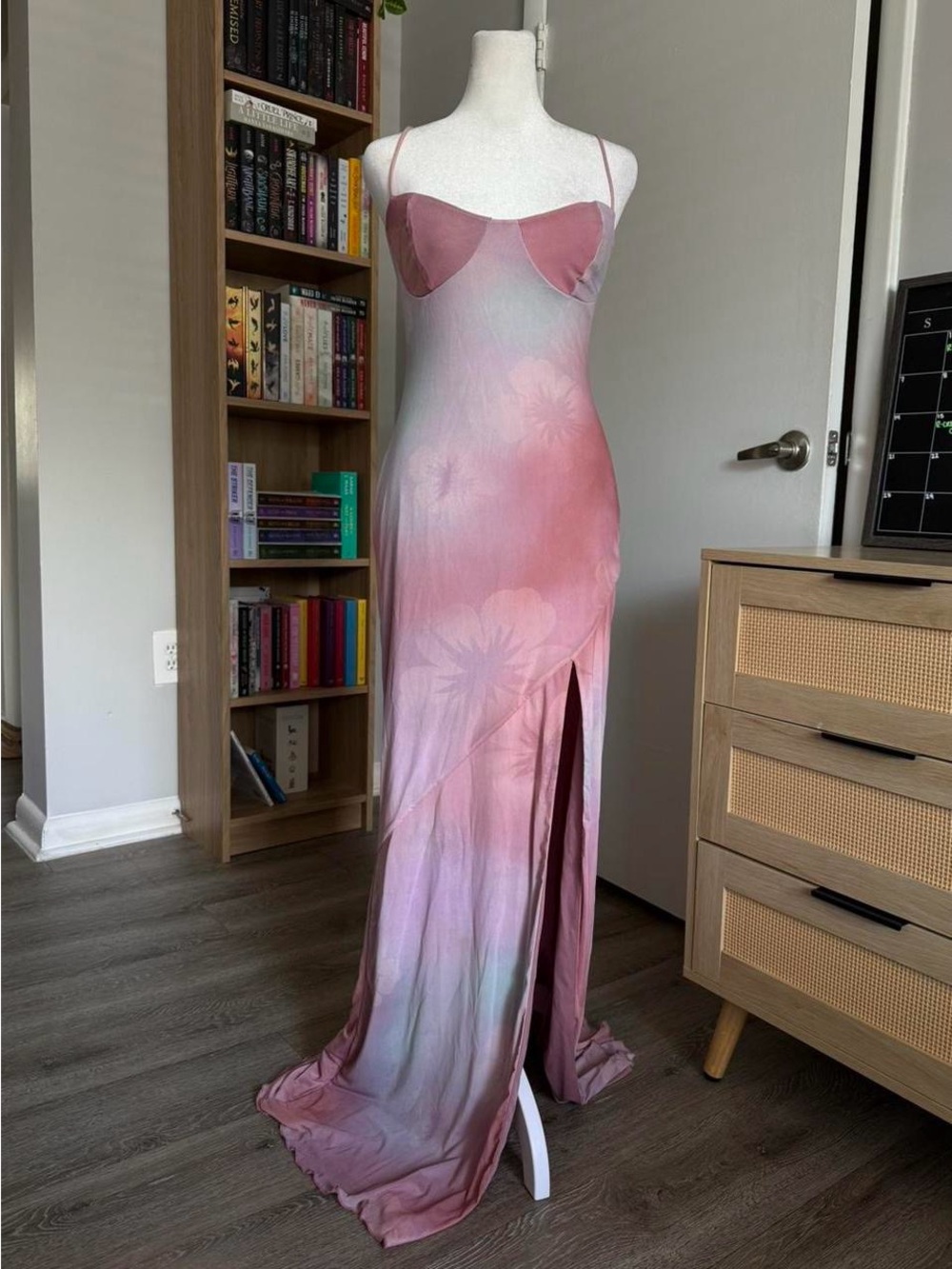 blue blush pink floral maxi dress with leg slit